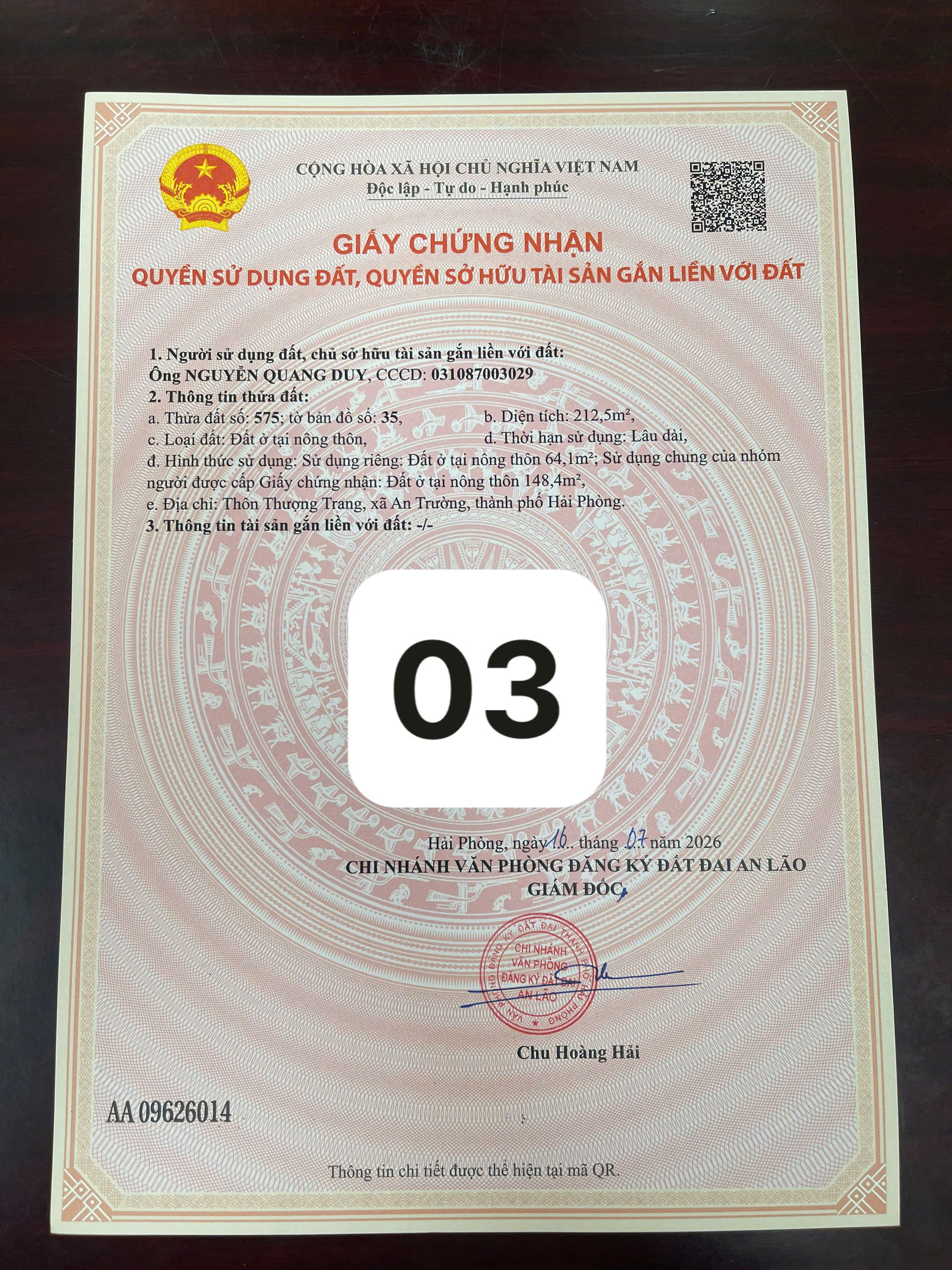 Mặt trước Sổ Đỏ thực tế - Thông tin thửa đất, diện tích và mục đích sử dụng